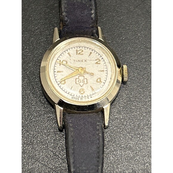Vintage Timex Girls Scout Brownie Watch Black Leather Band Membership Star Lot - Picture 2 of 13